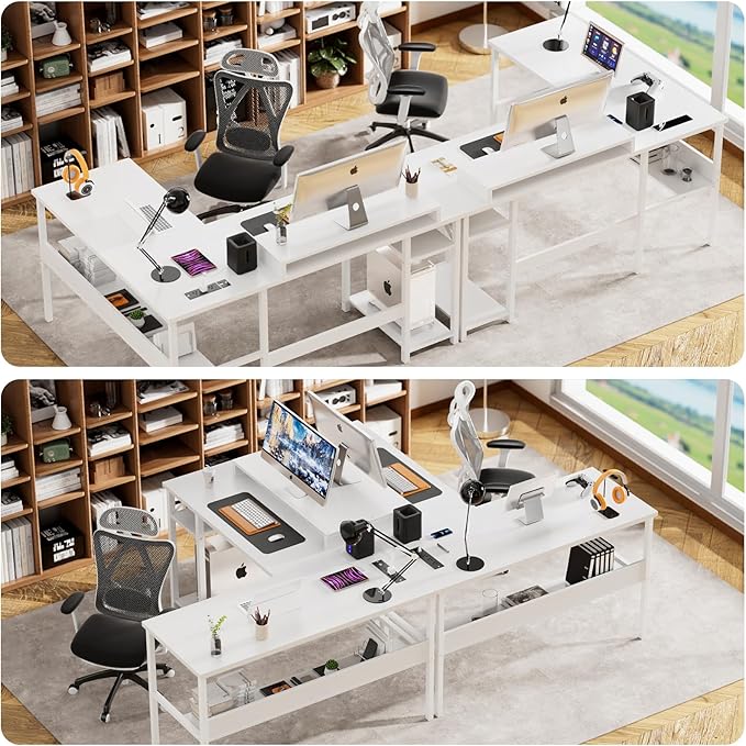Unikito Reversible L Shaped Computer Desk with Power Outlets and Monitor Stand, Sturdy Corner Desk with RGB LED Light and Storage Shelves, Modern Work Desk for Home Office, Easy to Assemble, White