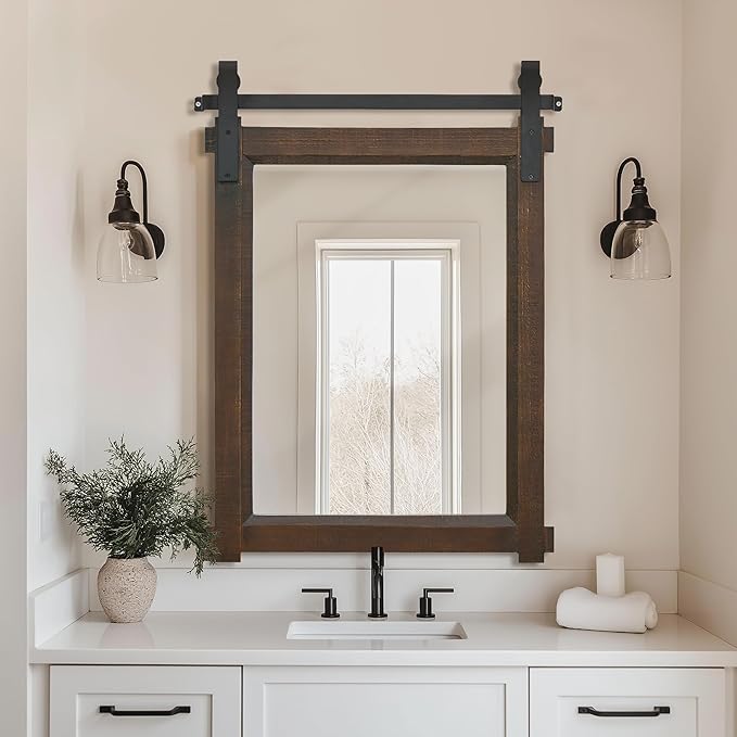 Farmhouse Barn Door Mirror: 22"x30" Black Rustic Wood Frame Mirror for Wall - Home Decor for Entryway/Bathroom/Living Room