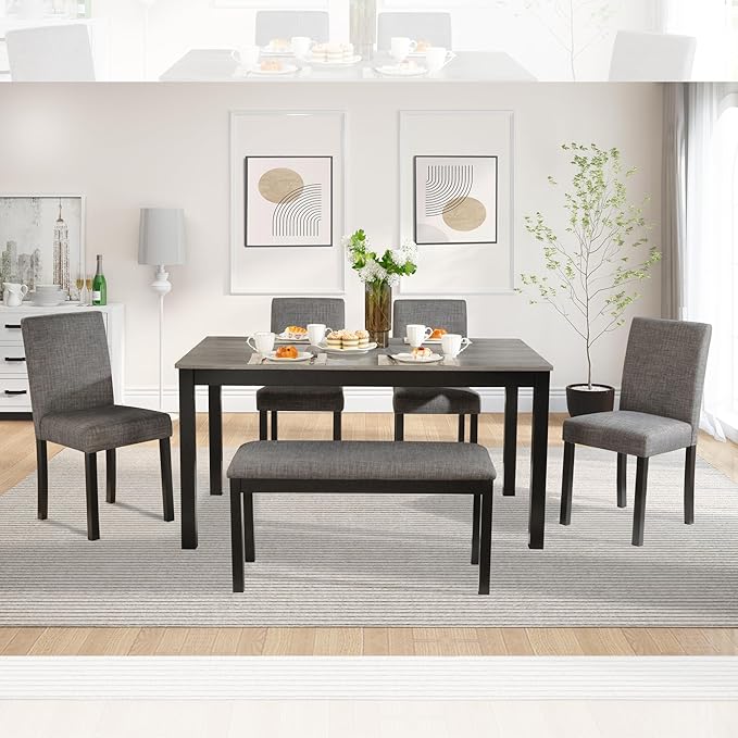 KEIKI 6-Piece Standard Height Dining Table Set with Rectangular Table, 4 Upholstered Curved Backrset Chair, Bench, for 6 Person, Modern Table Set, Easy Assembly, for Kitchen, Dining Room, Black+Gray