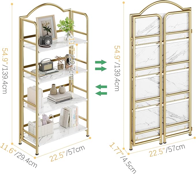 No-Assembly Gold Folding Bookshelf Storage Shelves 4 Tiers Vintage Multifunctional Plant Flower Stand Storage Rack Shelves Bookcase for Home Office