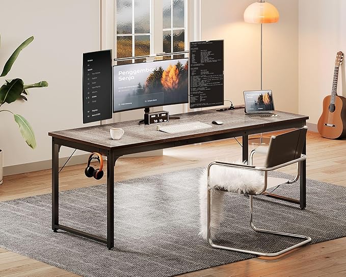 Coleshome 71 x 24 Inch Computer Desk with USB Ports, Large Office Desk, Long Study Student Writing Desk, Grey Oak