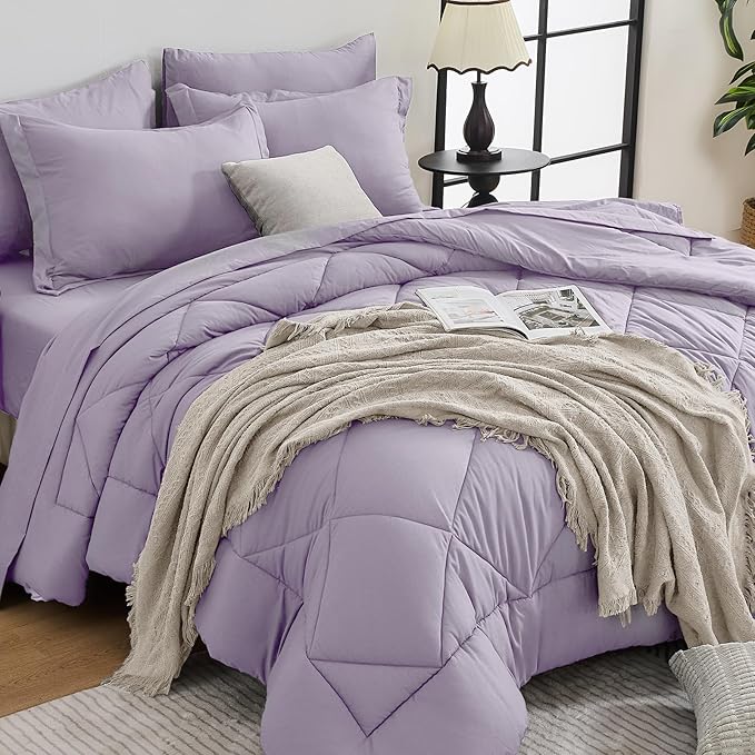 HEVUMYI Full Purple Comforter Set - 7-Piece All Season Bed in a Bag Full, Ultra Soft Bedding Set with Comforter, Flat Sheet, Fitted Sheet, Pillowcases, Pillow Shams, Lavender Purple