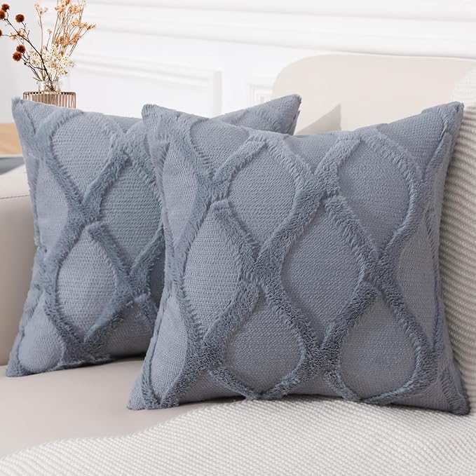 decorUhome Throw Pillow Covers 16x16 Inch Set of 2, Soft Plush Faux Fur Wool Blue Grey Couch Pillow Covers, Decorative Neutral Pillow Cases for Bed Sofa Living Room Home Decor