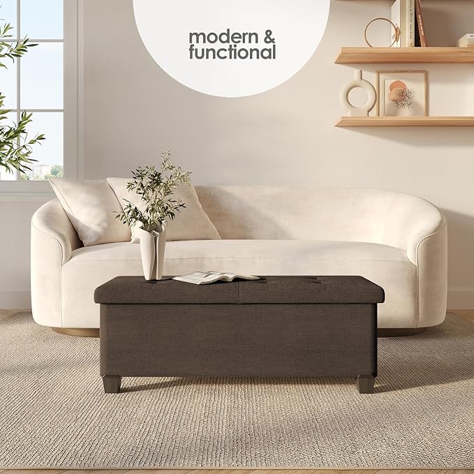 STORAGEBUD Storage Ottoman Bench with Bins, 43-in Storage Bench for Bedroom End of Bed, Folding Foot Rest Ottoman for Living Room Max 660lbs, Fabric Ottomans, Brown