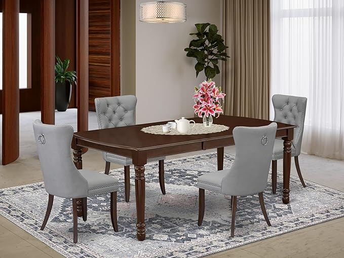 East West Furniture DODA5-MAH-27 5 Piece Dining Room Set Consists of a Rectangle Wooden Table with Butterfly Leaf and 4 Polyester Fabric Upholstered Chairs, 42x78 Inch, Mahogany