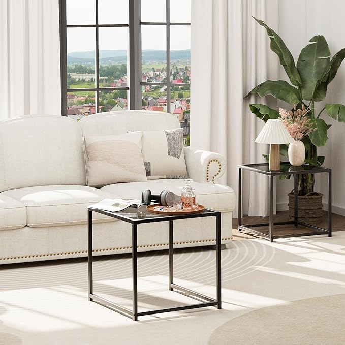 Garden 4 you Coffee Table Set of 2, Modern Glass Nesting Table, Metal Frame Square Center Table Set, Side Tables, Nesting Coffee Table for Living Room, Bedroom and Small Spaces, 19.7in Grey