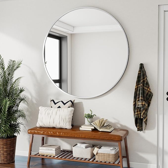 Silver Round Bathroom Mirror, 48 inch Large Circle Wall Mounted Hanging Mirror with Simple Modern Circular Metal Frame for Hallway, Entryway, Living Room, Silver Frame