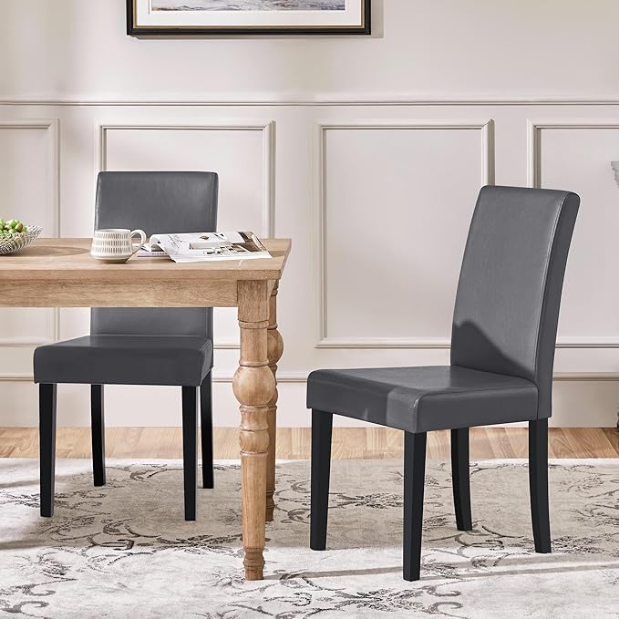 Yaheetech Dining Chairs Set of 2 Faux Leather Modern Dining Room Chairs with Rubberwood Legs and Padded Seat for Kitchen/Living Room/Restaurant, Dark Gray