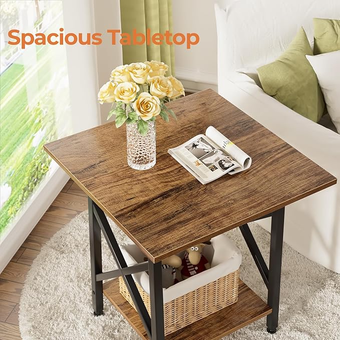 GreenForest End Table 24 inch for Living Room, Large Square Side Tables with X-Frame, Tall Industrial Bedside Nightstand with 2-Tier Storage, Rustic Walnut