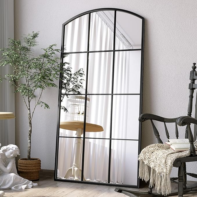 Arched Window Mirror, 24" x 48" Black Window Mirrors for Wall, Tall Farmhouse Grid Mirror for Living Room Bedroom Dining Room Fireplace Hallway Mantle Entryway
