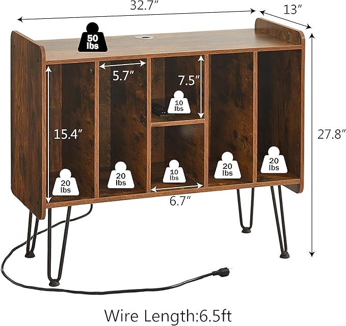 Large Brown Record Player Stand with Vinyl Storage, Power and USB Port, Holds Up to 200 Albums, Turntable Stand with Record Storage Cabinet