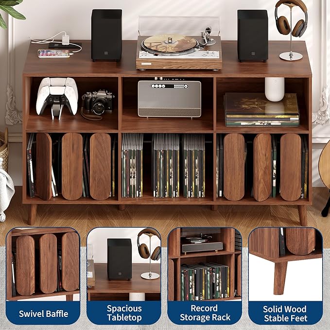 Large Record Player Stand, Record Player Table Vinyl Record Storage Holder Records Cabinet Organizer with Power Outlet for Living Room, Walnut