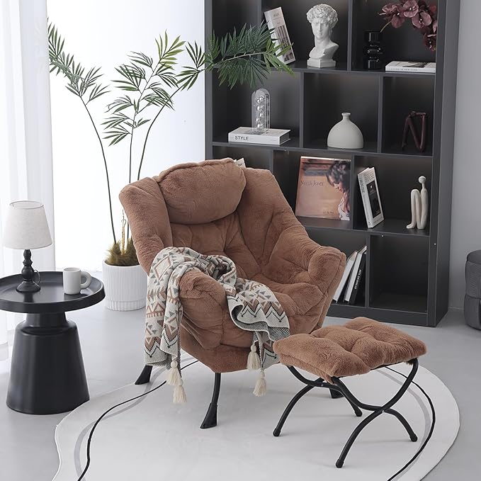 Lazy Chair with Folding Ottoman, Modern Accent Lounge Armchair with Armrests and a Side Pocket & Foldable Footstool, Leisure Reading Chair for Living Room, Bedroom, Dorm & Office, Plush Brown