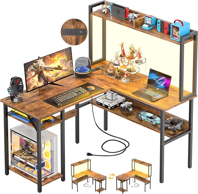 Unikito L Shaped Gaming Desk with LED Strip and Power Outlets, Reversible L-Shaped Computer Desk with Storage Shelves, Corner Desk with Hutch, 2 Person Home Office Desk, Rustic Brown