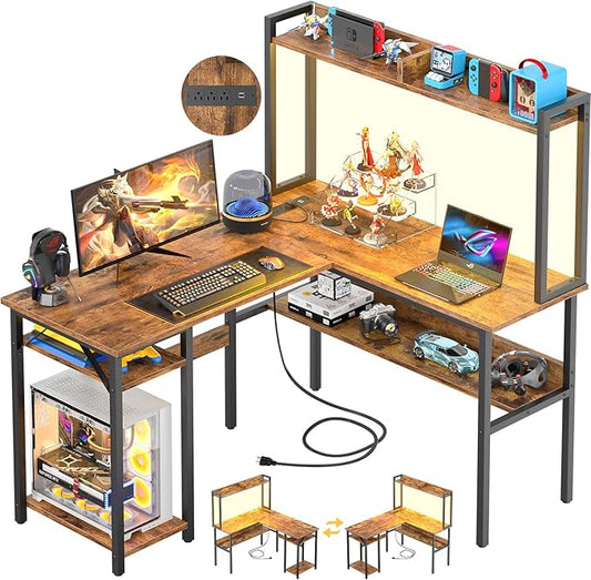 Unikito L Shaped Gaming Desk with LED Strip and Power Outlets, Reversible L-Shaped Computer Desk with Storage Shelves, Corner Desk with Hutch, 2 Person Home Office Desk, Rustic Brown