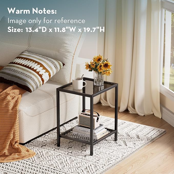 SAYGOER Small Side Table Glass End Table with Mesh Storage Shelf for Small Spaces Modern, 13.4" x11.8" x19.7", 2-Tier Square Bed Nightstand Couch Table for Living Room Bedroom, Gray