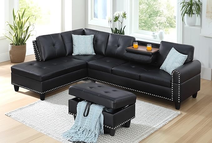 98 Inch L Shaped Sectional Sofa with Chaise Lounge, Storage Ottoman and 2 Pillows, 4-Seaters Faux Leather Upholstered Tufted Couch w/Cupholder & Nailhead Trim for Living Room, Office, Black