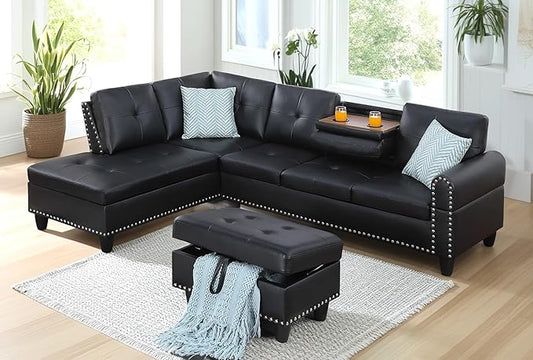 98 Inch L Shaped Sectional Sofa with Chaise Lounge, Storage Ottoman and 2 Pillows, 4-Seaters Faux Leather Upholstered Tufted Couch w/Cupholder & Nailhead Trim for Living Room, Office, Black