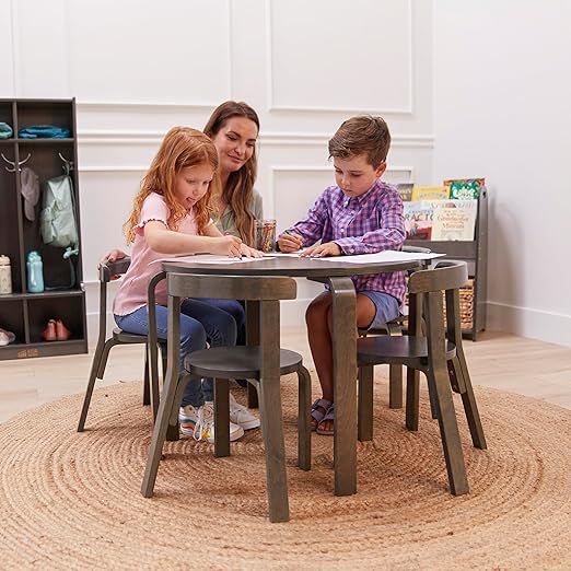 ECR4Kids Bentwood Round Table and Curved Back Chair Set, Kids Furniture, Grey Wash, 5-Piece