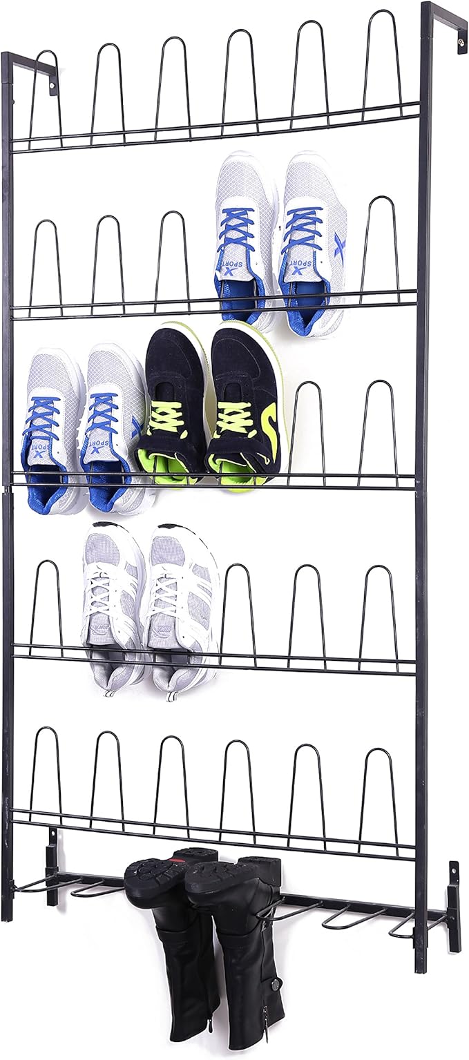 MyGift Modern Matte Black Metal Hanging Shoe Rack for Walk in Closet, Mudroom and Entryway, Wall Mounted Space Saving Organizer for Shoes and Boots, Holds 18 Pairs