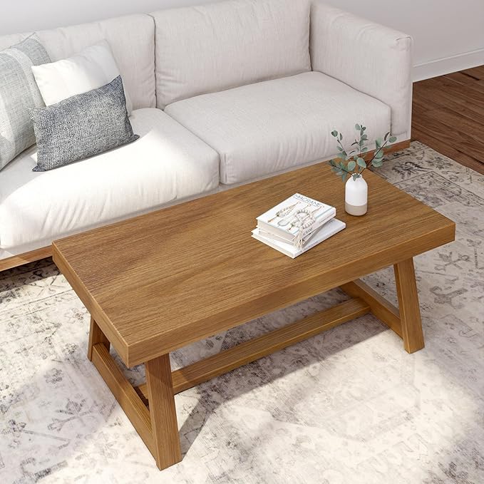 Plank+Beam Classic Rectangular Coffee Table, 48 Inch Farmhouse Coffee Table, Mini Center Tables for Small Spaces, Small Living Space Tea Table, Pecan Wirebrush