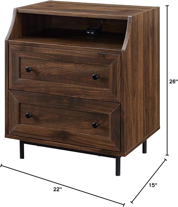 Florence 22 Inch 2 Drawer Open Top Side Table with USB Port - Dark Walnut