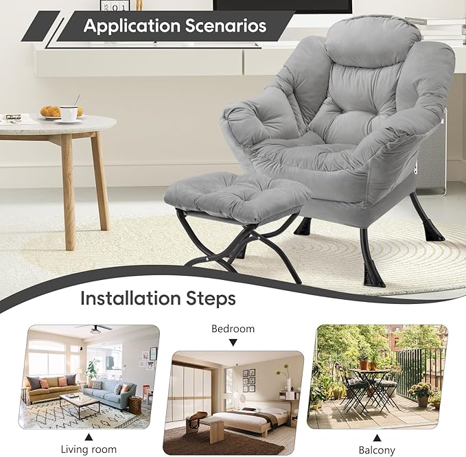 Lazy Chair with Folding Ottoman Modern Large Accent Chair,Contemporary Lounge Leisure Sofa Chair with Armrests Upholstered Sofa Armchair Reading Chair for Bedroom,Dorm&Office (Light Grey-f)