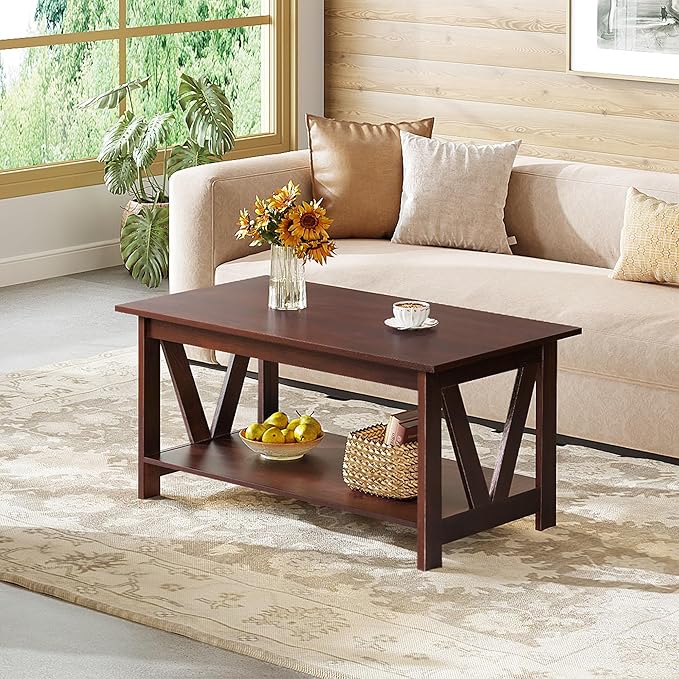 WLIVE Coffee Table with Storage Shelf, 39.4" Farmhouse Coffee Table with V-Frame Support, 2-Tier Wood Rustic Center Table for Living Room, Bedroom & Balcony, Espresso