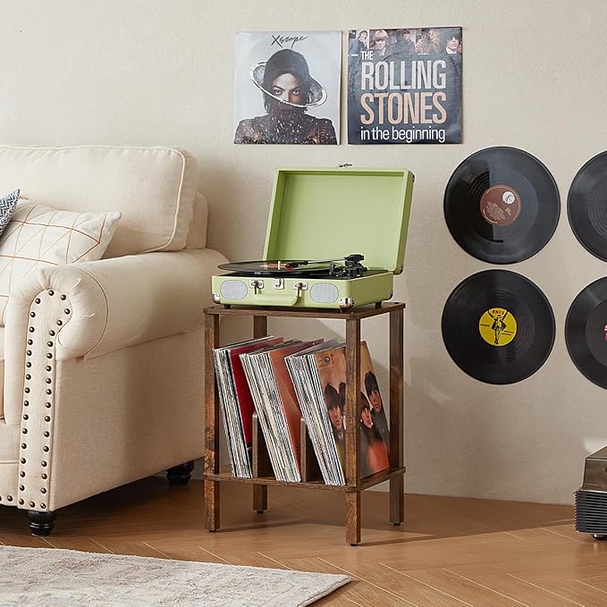 LELELINKY 2-Tier Bamboo Record Player Stand Set of 2 with Vinyl Record Storage up to 100 Albums, Boho Bedroom Record Holder and Multi-Functional End Table for Living Room, Brown