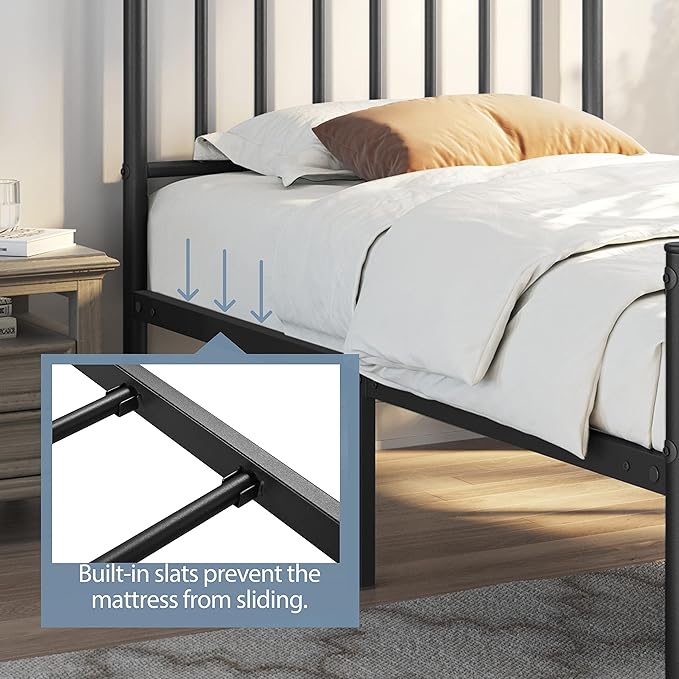 Yaheetech Twin Bed Frame Metal Platform Bed Frame Mattress Foundation with Spindle Headboard & Footboard/No Box Spring Needed/14 Inch Underbed Storage/Firm Support & Easy Set up Structure, Black