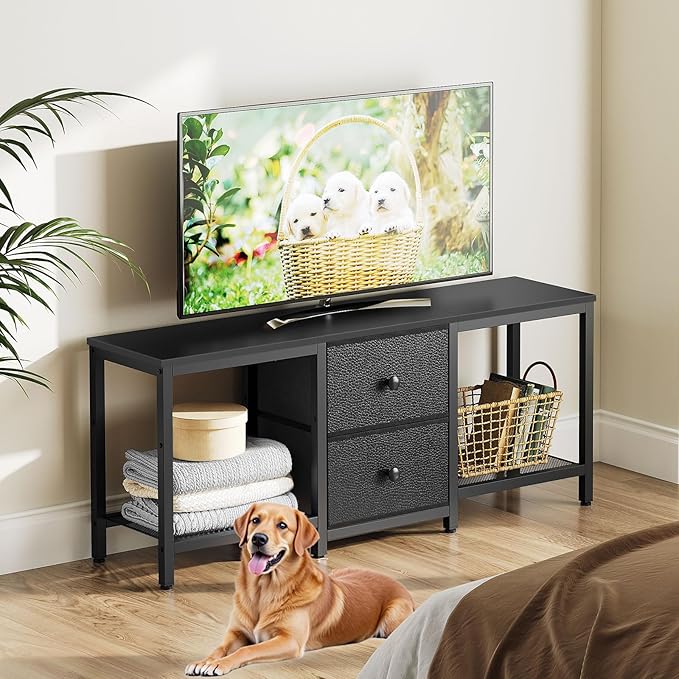 TV Stand for TVs up to 55", Entertainment Center with 2 Fabric Drawer, Media Console with Shelves, Television Stands for Living Room, Bedroom, Black DS02BB