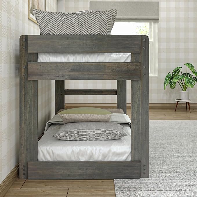 Max & Lily Modern Farmhouse Low Bunk Bed, Twin-Over-Twin Bed Frame For Kids, Driftwood