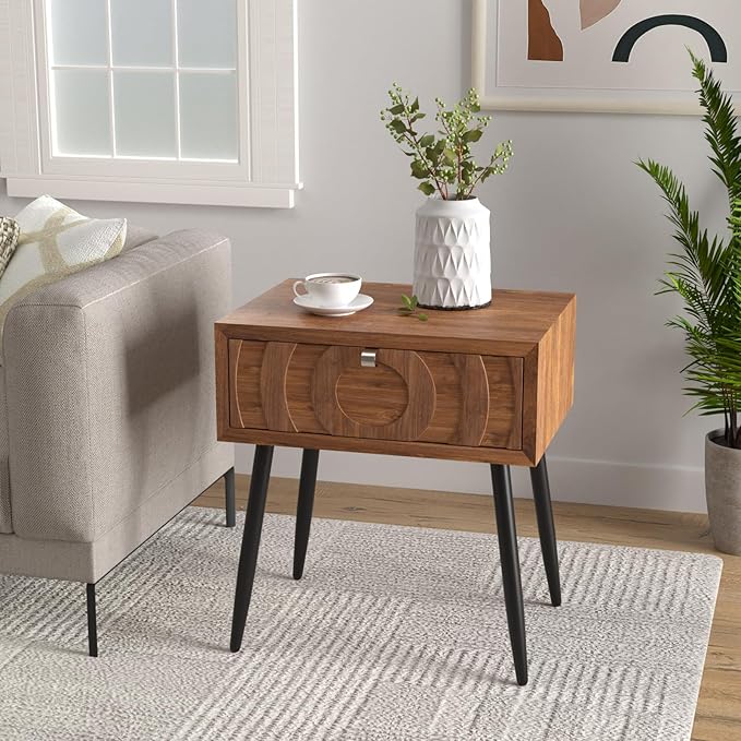 COSIEST End Tables Set of 2, Mid Century Modern Nightstands, Wood Bedside Tables, Accent End Tables with One Storage Drawer for Living Room, Bedroom (Brown, Circle Pattern)