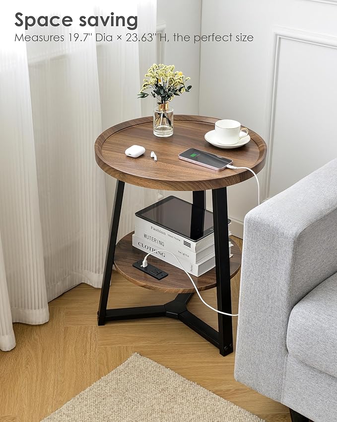 Round End Table with Charging Station, 19.7" Dia x 23.63" H, Side Table with Storage Shelf, Accent Table, for Living Room, Bedroom, Small Spaces, Metal Frame, Industrial Style (Brown + Black)
