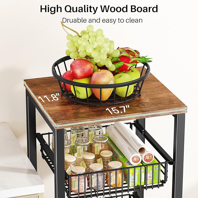 SNTD Fruit Basket Vegetable Stand for Kitchen Pantry, Pull Out Metal Wire Basket with Wood Top for Fruit Vegetable Onions Potatoes Snacks