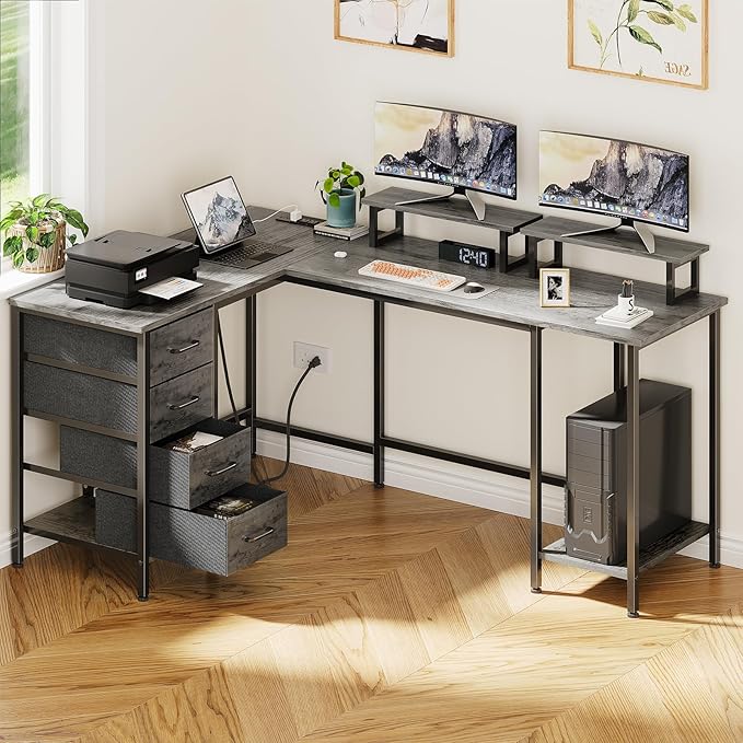 59 inch L Shaped Computer Desk with Power Outlets, Home Office Desk with 4 Adjustable Storage Drawers & 2 Monitor Stands, Two Person Gaming Table for Bedroom, Grey