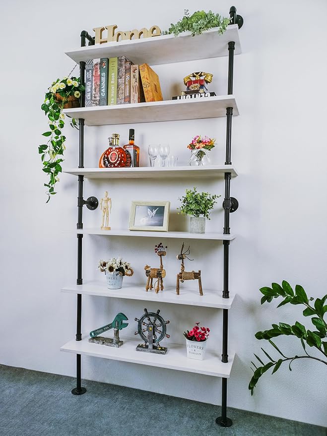 6 Tier Industrial Ladder Shelf Bookcase, Wall Mounted Rustic Bookshelf for Living Room Decor and Storage (White, 6 Tier - 10" D x 36" W x 82.5" H)