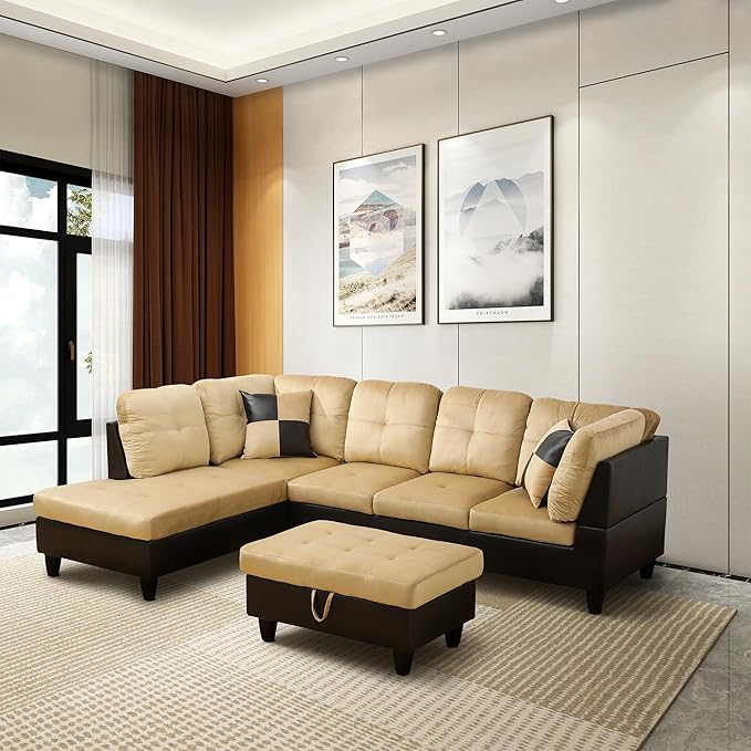 NicBex Sectional Couch 3 Pieces Sofa Set with Right Chaise Lint PVC L Shaped Cloud Couch for Living Room Furniture Sets with Storage Ottoman, Modular Sofa for Living Room & Apartment, Beige+Black