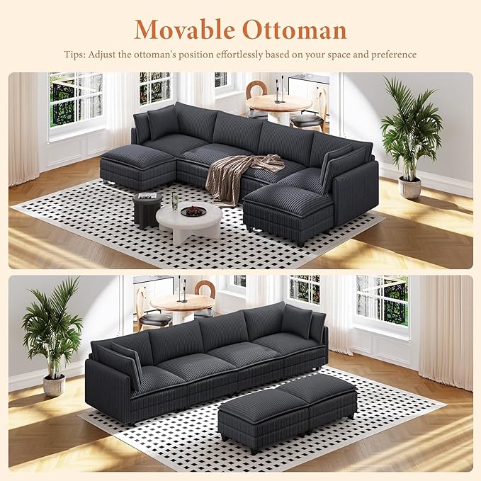 Vesgantti 109" U Shaped Cloud Sectional Sofa, Comfy Corduroy Upholstered Sectional Modular Sofas for Living Room, Modern Modular Couch with 2 Ottoman Deep Seat, Dark Grey