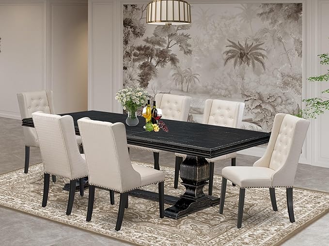 NKFO7-SBB-01-7-Piece Dining Set Consists of a Dining Table and 6 Cream Linen Fabric Kitchen Chairs & Black Legs with Button Tufted Back - Sand Blasting Black Finish.