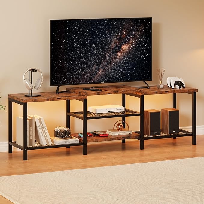 GarveeHome TV Stand with LED Lights for 55/65/75 Inch TV, 67 Inch Large Entertainment Center with Power Outlets, Media Console for Living Room, Bedroom, Vintage Brown