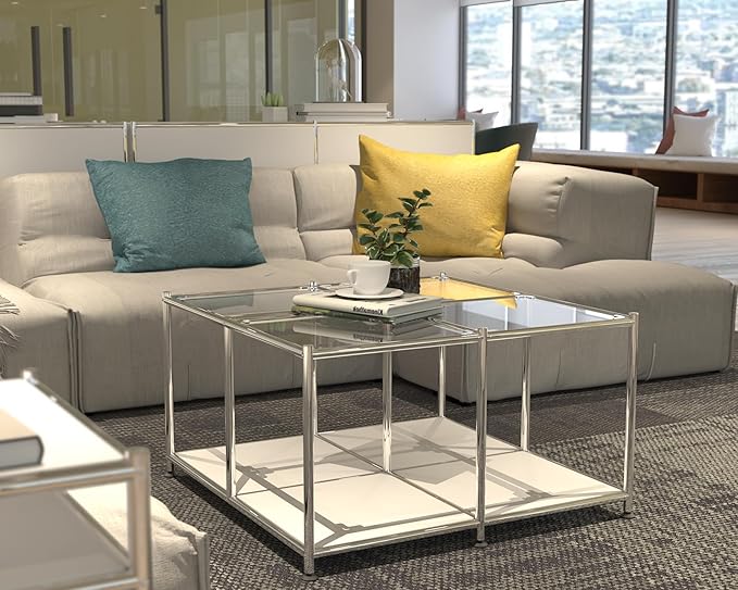 Matte Coffee Table with Open Storage, Square Tempered Glass Storage Rolling Coffee Table, Modern Design for Living Room, Meeting Room (White)