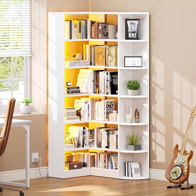 YITAHOME Corner Bookshelf with LED Light, 6 Tier Corner Shelf White Bookshelf L-Shaped Bookcase Storage Display Shelf for Home Office, Living Room, White