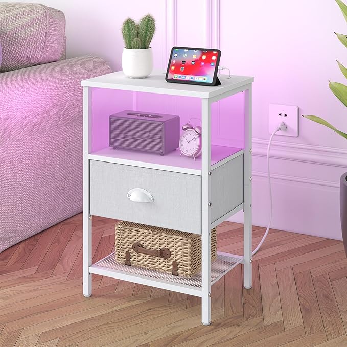 Sthmec Nightstands Set of 2, LED Bedside Tables with Charging Station and Fabric Drawer, Night Stand with Storage, 3 Tier Side Table with Open Shelf, LED Nightstand with Charging Station, White