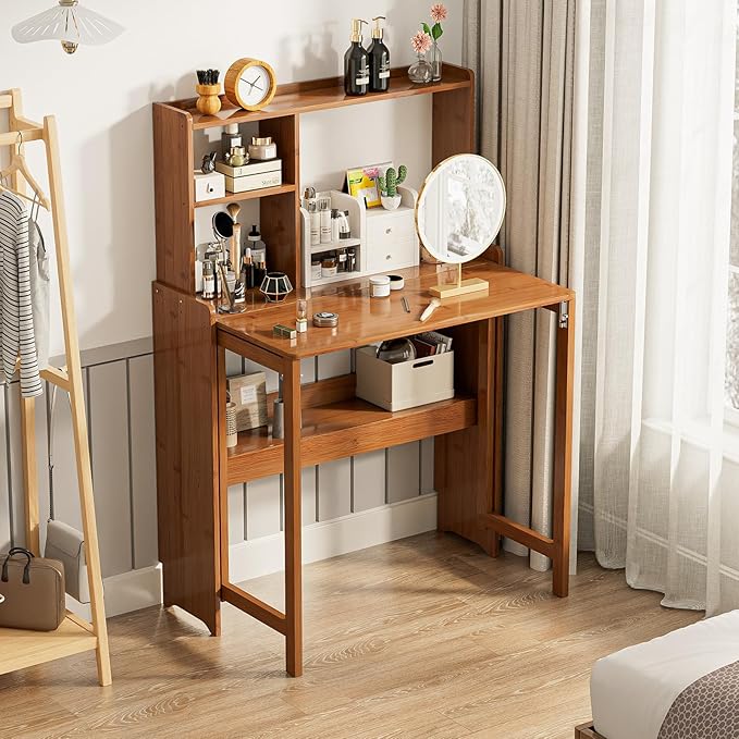 31.1" Bamboo Folding Desk with Bookshelf, Compact Computer Desk for Small Spaces, Foldable Study Table with Storage Shelf, Space-Saving Home Office Table for Bedroom, Dorm, Apartment,Brown