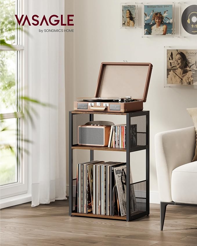 VASAGLE Record Player Stand, 3-Tier Side Table, Vinyl Record Storage up to 100 Albums, End Table for Living Room, Bedroom, Rustic Brown ULET275K01