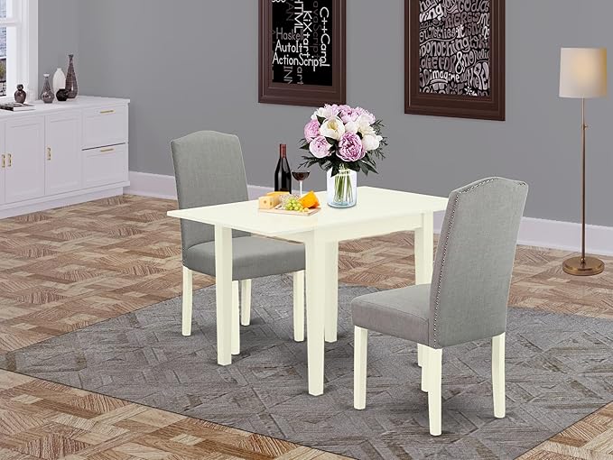 East West Furniture 1NDEN3-LWH-06 3 Piece Dining Table Set Contains a Rectangle Dinner Table with Dropleaf and 2 Dark Shitake Linen Fabric Upholstered Chairs, 30x48 Inch, Linen White