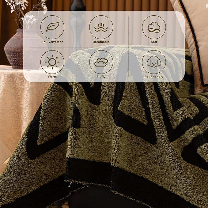 HANDONTIME Olive Green Sofa Covers for Sectional Sofa Boho Couch Cover for Dogs Christmas Green Throw Couch Cover Shu Velveteen Black Loveseat Covers Short Plush L Shaped Cover Washable, 71" X134"