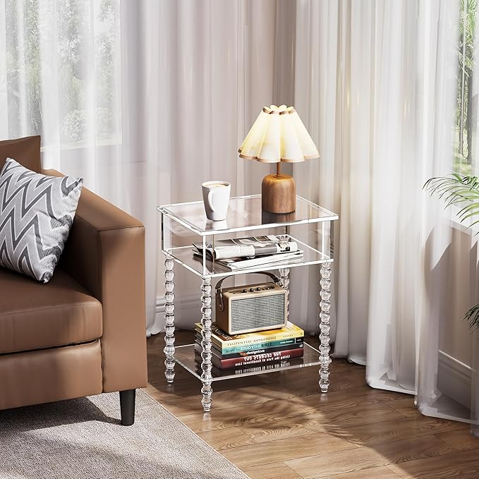 Acrylic Side Table, Clear 3-Tier End Table with Storage, Nightstand for Living Room, Bedroom, Office (Clear, 11.8 ×15.7 × 19.7)