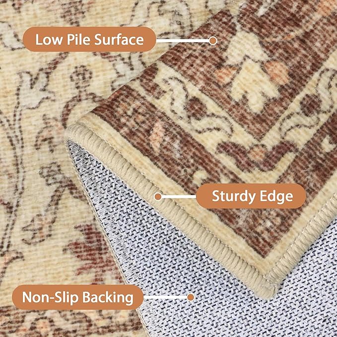 8X10 Area Rugs Machine Washable Rugs for Living Room, Vintage Boho Large Rugs for Bedroom Dining Room, Non Slip Indoor Soft Distressed Lightweight Thin Low Pile Carpet, Light Brown